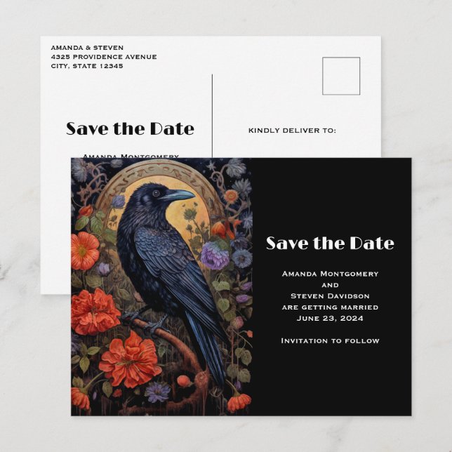 Black Raven med Flowers Gothic Save Date Inbjudan Vykort (Fram/baksida)