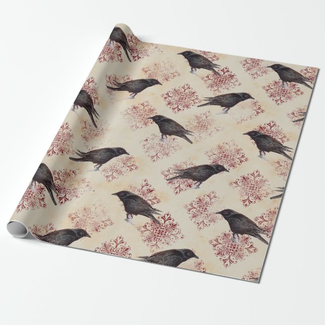 Black Raven och Burgundy Damask Presentpapper (Utrullad)