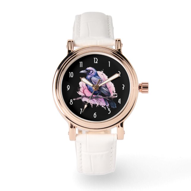 Black Raven på en Gren Illustration Armbandsur (Framsida)