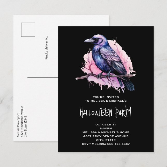 Black Raven på en Gren Illustration Halloween Inbjudan Vykort (Fram/baksida)