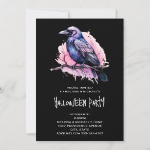 Black Raven på en Gren Illustration Halloween Inbjudningar