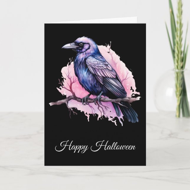 Black Raven på en Gren Illustration Halloween Kort (Framsida)