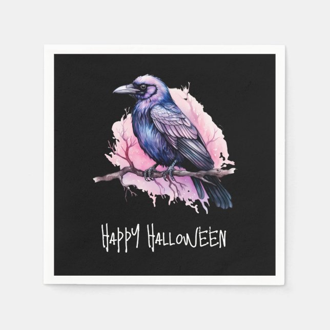 Black Raven på en Gren Illustration Halloween Pappersservett (Framsidan)