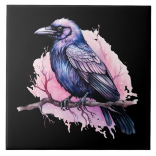 Black Raven på en Gren Illustration Kakelplatta