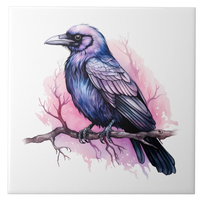 Black Raven på en Gren Illustration Kakelplatta (Framsidan)