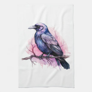 Black Raven på en Gren Illustration Kökshandduk