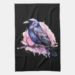 Black Raven på en Gren Illustration Kökshandduk