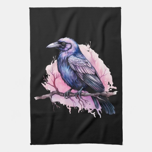 Black Raven på en Gren Illustration Kökshandduk (Vertikal)