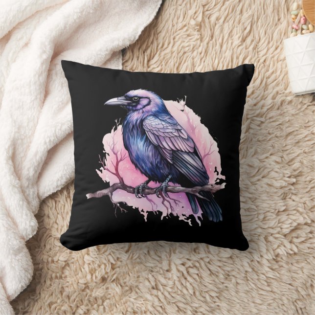 Black Raven på en Gren Illustration Kudde (Filt)
