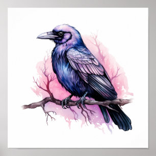 Black Raven på en Gren Illustration Poster
