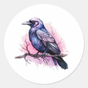 Black Raven på en Gren Illustration Runt Klistermärke