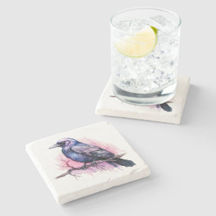 Black Raven på en Gren Illustration Stenunderlägg
