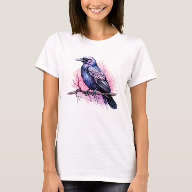 Black Raven på en Gren Illustration T Shirt (Framsida)