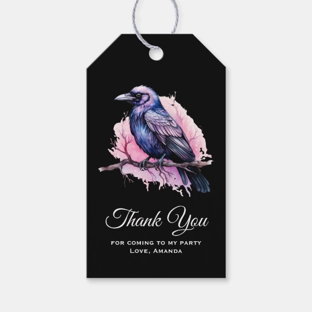 Black Raven på en Gren Illustration Tack Presentetikett (Framsidan)