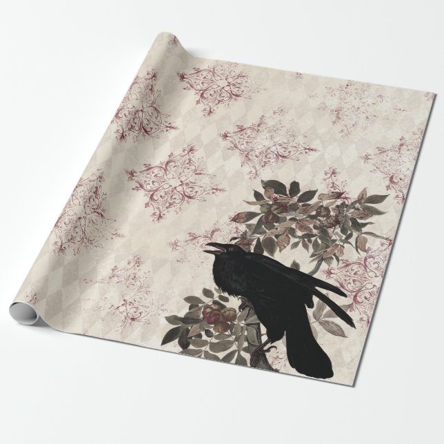 Black Raven på Gren Burgundy Damask Presentpapper (Utrullad)