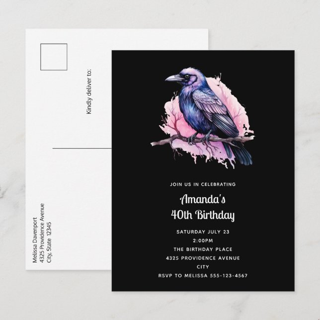 Black Raven på Gren Illustration Birthday Inbjudan Vykort (Fram/baksida)