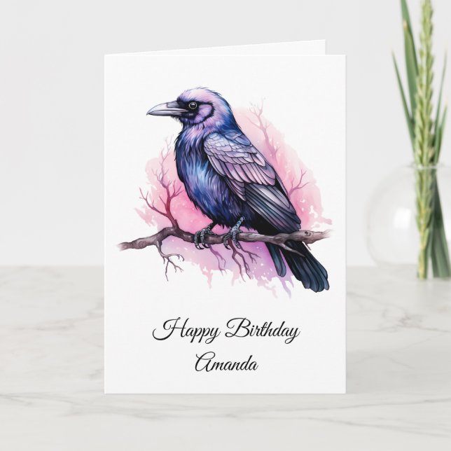 Black Raven på Gren Illustration Birthday Kort (Framsida)