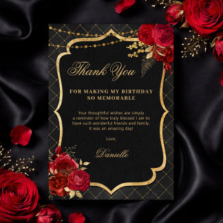 Black, Red and Gold Flat Birthday Thank You Card Tack Kort
