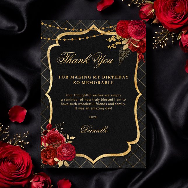 Black, Red and Gold Flat Birthday Thank You Card Tack Kort (Black, Red and Gold Flat Birthday Thank You Card)
