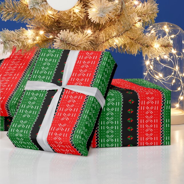 Black Red and Grönt Mudcloth Tribal Mönster Presentpapper (Helgdagar)