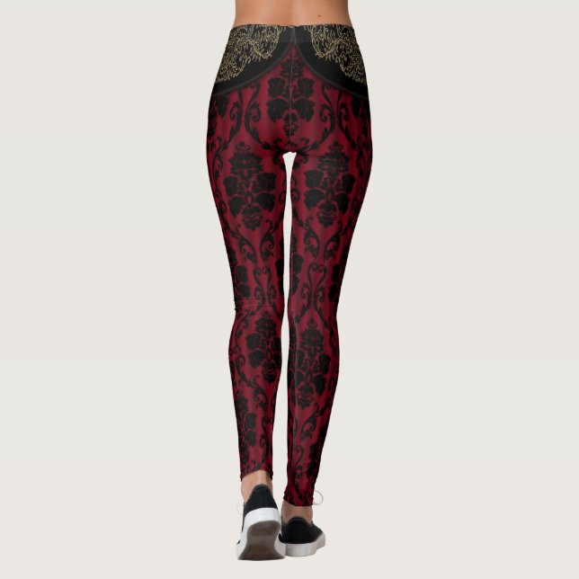 Black Red Antique Damask Snöre Stil Leggings (Baksida)