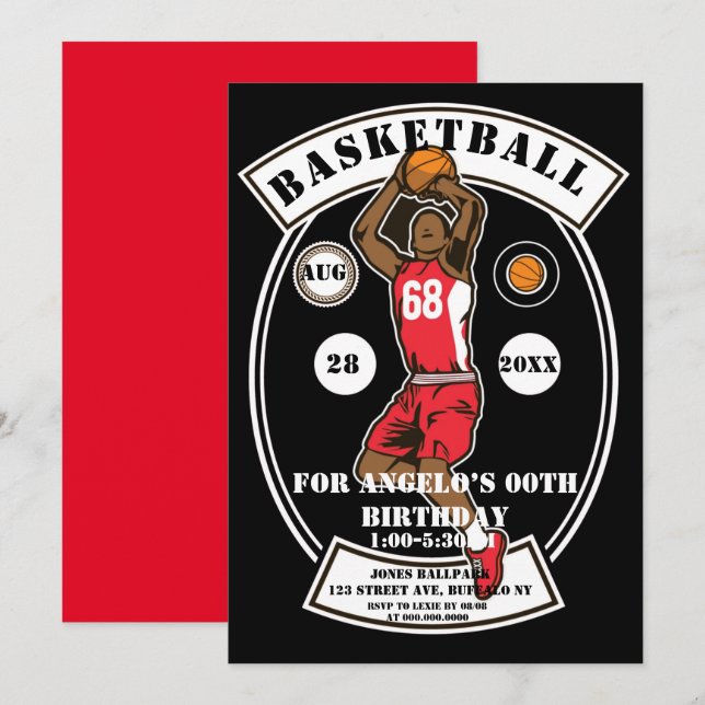 Black Red Basketball Födelsedagsfest Inbjudningsko (Fram/baksida)