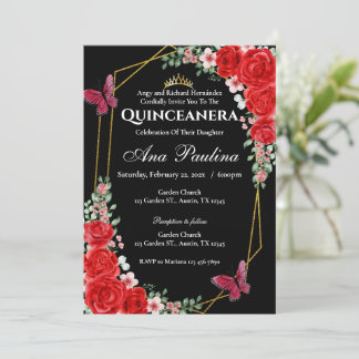 Black Red Blommigt Quinceañera-inbjudan Inbjudningar