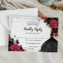 Black Red Blommigt Silver Princess Gown Quinceañer