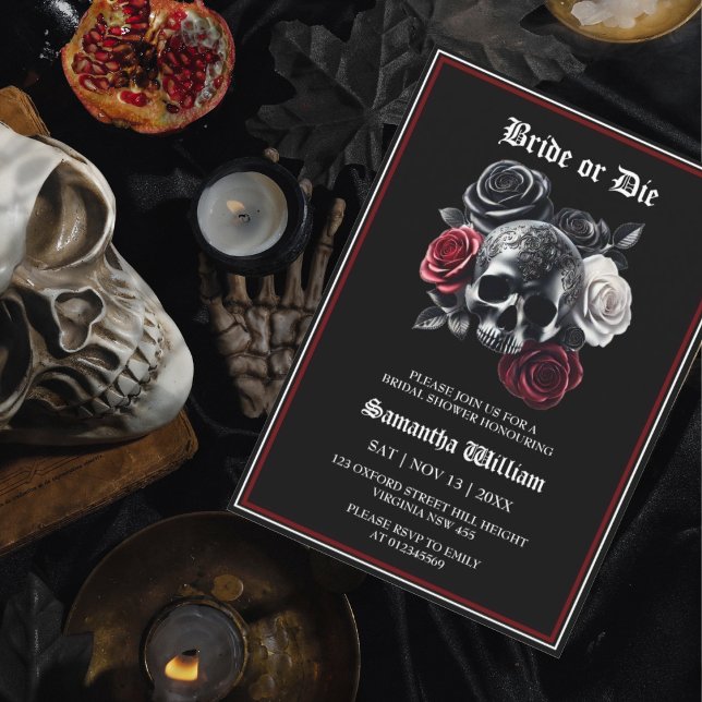 Black Red Blommigt Skull Halloween-Möhippa Inbjudningar (Skapare uppladdad)