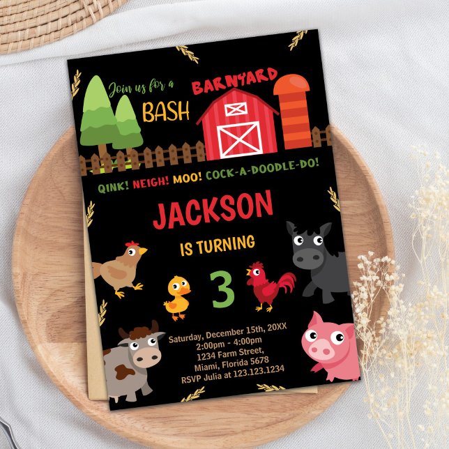 Black Red Boskap Birthday-inbjudningar Inbjudningar (Black Red Farm Animals Birthday Invitations)