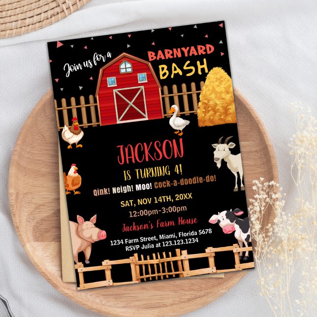 Black Red Boskap Birthday-inbjudningar Inbjudningar (Black Red Farm Animals Birthday Invitations)