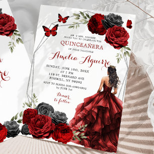 Black Red Burgundy Blommigt Princess Quinceañera Inbjudningar