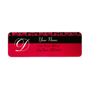 BLACK RED BURGUNDY DAMASK MONOGRAM RETURADRESS ETIKETT