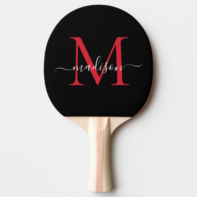 Black Red Burgundy Monogram Elegant Script Namn Pingisracket (Framsidan)