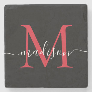 Black Red Burgundy Monogram Feminine-skript Namn Stenunderlägg