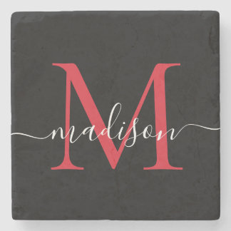Black Red Burgundy Monogram Feminine-skript Namn Stenunderlägg