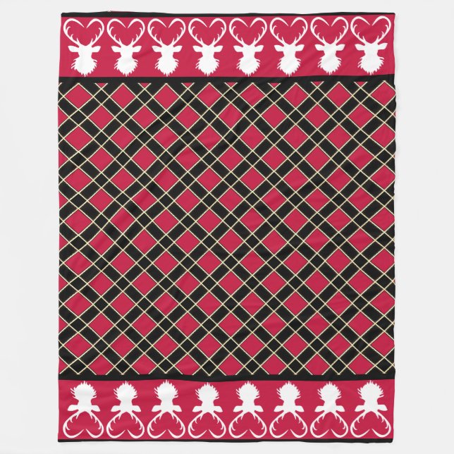 Black Red Checkated & Reindeer Silhouettes Fleecefilt (Framsidan)