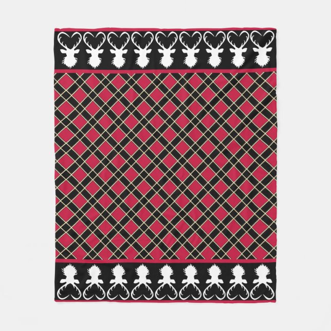 Black Red Checkated & Reindeer Silhouettes Fleecefilt (Framsidan)