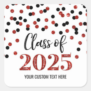 Black Red Confetti Studenten 2025 Fyrkantigt Klistermärke