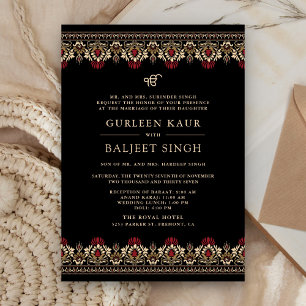 Black Red Cream Ikat Anand Karaj Sikh Bröllop Inbjudningar