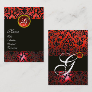 BLACK RED DAMASK BLOMMIGT MONOGRAM ,Ruby Gem Visitkort