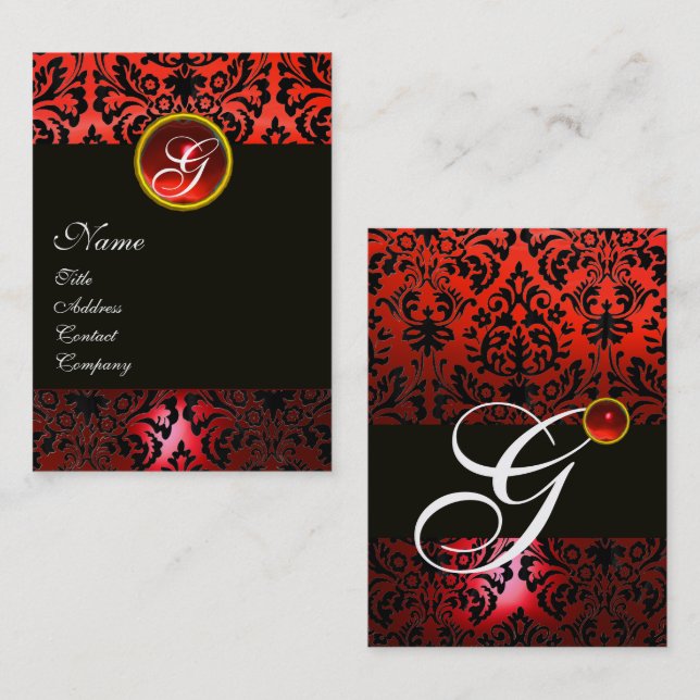 BLACK RED DAMASK BLOMMIGT MONOGRAM ,Ruby Gem Visitkort (Fram/baksida)