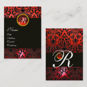 BLACK RED DAMASK BLOMMIGT MONOGRAM,Ruby Gemstone Visitkort