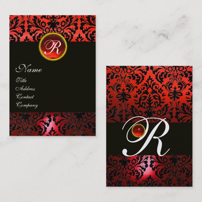 BLACK RED DAMASK BLOMMIGT MONOGRAM,Ruby Gemstone Visitkort (Fram/baksida)