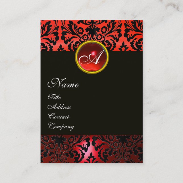 BLACK RED DAMASK BLOMMIGT MONOGRAM ,Ruby Gemstone Visitkort (Framsida)