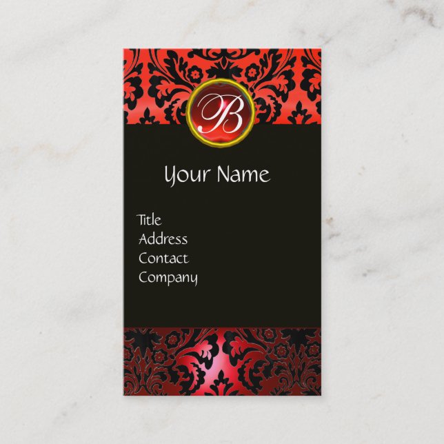 BLACK RED DAMASK BLOMMIGT RED RUBY GEM MONOGRAM VISITKORT (Framsida)