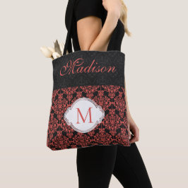 Black Red Damask Girly-Trendiget, första Monogram Tygkasse