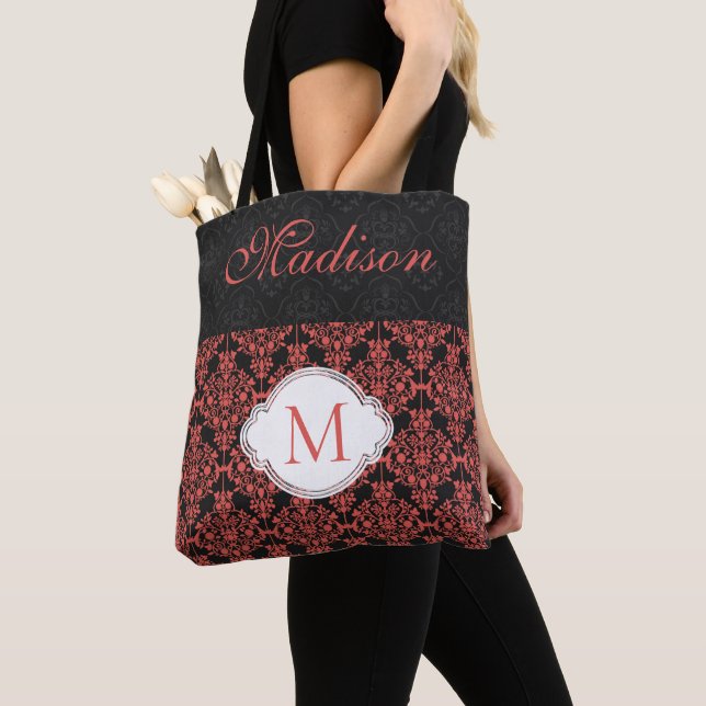 Black Red Damask Girly-Trendiget, första Monogram Tygkasse (Närbild)