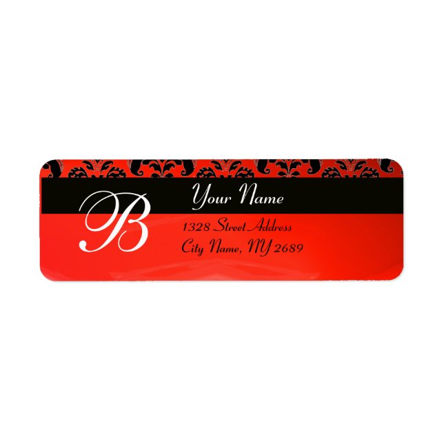 BLACK RED DAMASK MONOGRAM RETURADRESS ETIKETT (Framsidan)