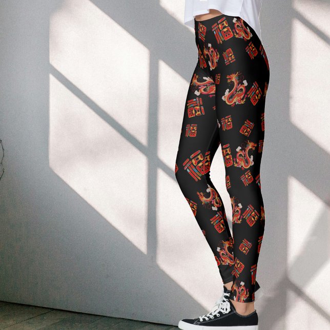Black Red Dragon Chinese New Year Lucky Symbol 福 Leggings (Skapare uppladdad)
